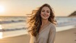 © Hong Hua Hua - young woman with long, flowing hair, standing on a beach
