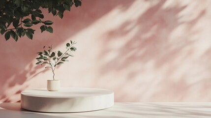 Poster - a small potted plant on a round pedestal against a soft pink wall with natural shadows in a well-lit