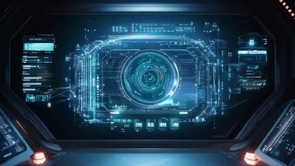 Poster - Futuristic spaceship cockpit interface with holographic displays. Sci-fi spacecraft control panel with data analytics. High-tech UI, HUD design. Future space station interior with interactive screen. 