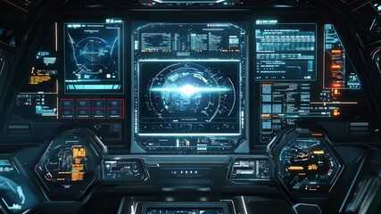 Poster - Futuristic spaceship cockpit interface with holographic displays. Sci-fi spacecraft control panel with data analytics. High-tech UI, HUD design. Future space station interior with interactive screen. 
