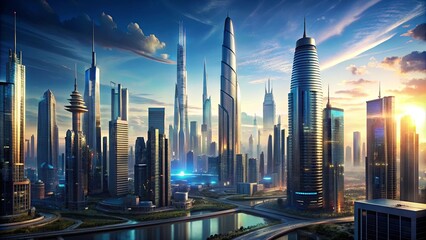 Futuristic cityscape with towering skyscrapers and advanced technology, cityscape, futuristic, skyline, skyscrapers