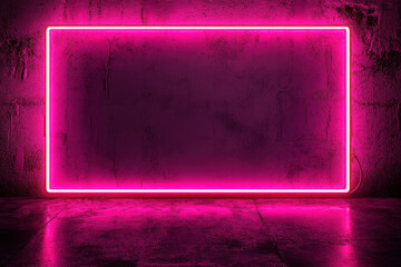 Vibrant neon frame is casting pink light on a grunge concrete wall in a dark room