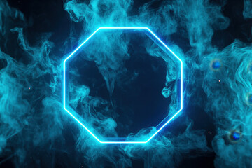 Poster - Blue glowing neon octagon frame behind smoke cloud creating a mysterious background