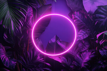 Poster - Vibrant neon frame is glowing in front of a tropical background with palm tree leaves