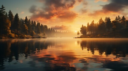 Sunset over a lake with trees in the background Evening Sky Nature Background AI Generated