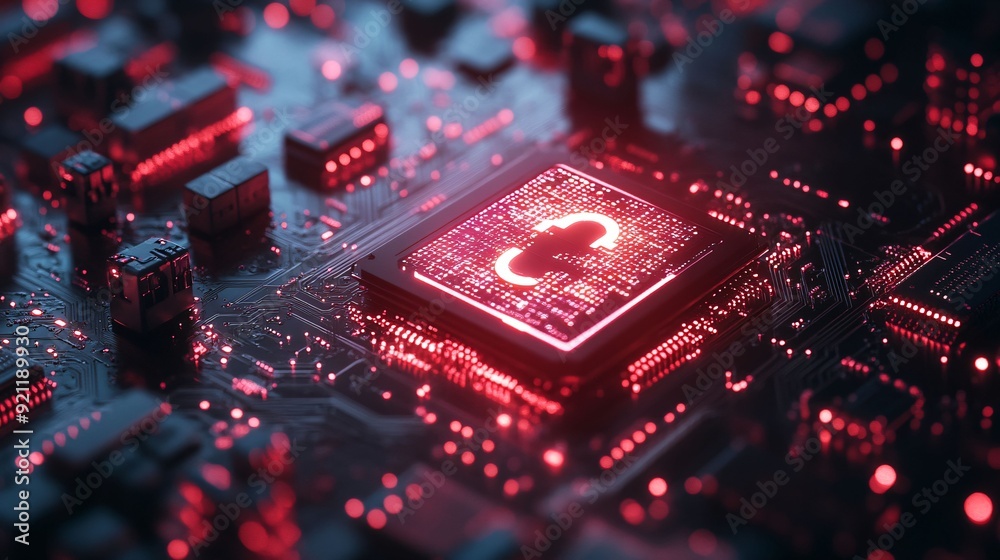 A detailed close-up of a glowing red circuit board featuring a lock ...