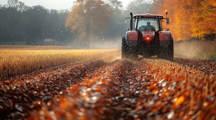 Poster - Red Tractor in a Fall Field