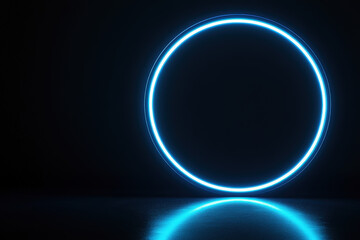Poster - Blue neon circle is glowing on a dark background with reflections