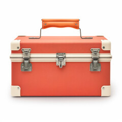 A red vintage toolbox with a brown handle and metal clasps. The box is isolated on a white background.