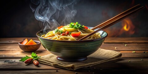 Steaming hot noodle bowl with chopsticks and ingredients, bathed in soft Rembrandt lighting and vignette effect