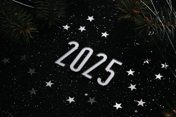 Wall Mural - new year 2025 dark background. number of the coming year in christmas decoration.