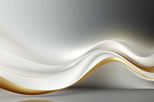Abstract white and gold wavy background with sparkle effect.