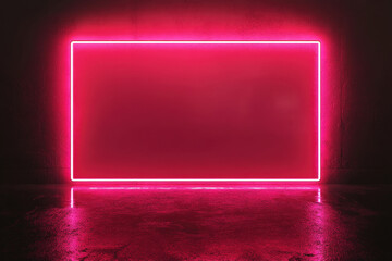 Poster - Vibrant rectangular neon frame illuminating dark empty room with concrete floor and wall