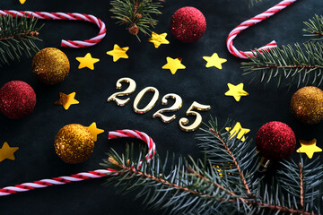 Wall Mural - new year 2025 background. number of the coming year in christmas decoration.