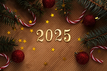Wall Mural - new year 2025 beige background. number of the coming year in christmas decoration.