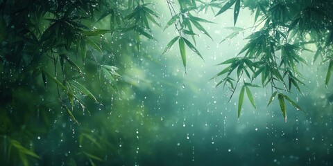 Wall Mural - Rain Falling on Bamboo Leaves