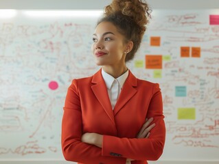 Confident businesswoman in a red blazer standing in front of a whiteboard filled with ideas, representing leadership and innovation.