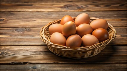 Poster - Eggs in a basket on wooden table , Eggs, basket, farm, fresh, organic, natural, rustic, agriculture, food, breakfast