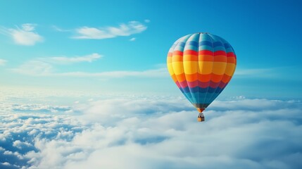 A romantic shot of a hot air balloon floating gracefully over a layer of fluffy clouds, with the clear blue sky 