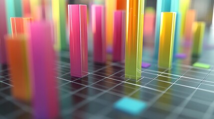 Leinwandbilder - A close-up of a 3D bar graph displaying financial data with vibrant, colorful bars rising above a grid, showcasing the dynamic nature of investment trends.