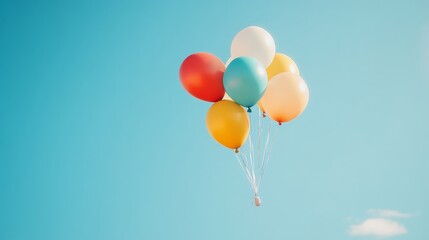 a cluster of helium balloons in various colors floating against a pristine blue sky, creating a fest