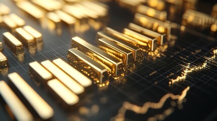 Wall Mural - A close-up of a 3D gold bar chart on a digital screen, with gleaming gold bars rising from a grid, representing financial or investment data with a luxurious touch