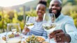 © Pinklife - A cheerful couple toasting with glasses of white wine while sitting at a table in a vineyard, surrounded by grapevines and enjoying a sunny and pleasant day.