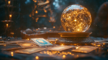 A mystical flat lay photography featuring tarot cards, a crystal ball, and a star chart