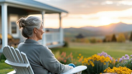 A senior woman sits on a porch chair facing a scenic countryside, enjoying a beautiful sunset, symbolizing peace, reflection, and contentment in a serene rural setting.