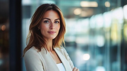 Poster - Confident businesswoman portrait: A successful business woman with arms crossed, looking directly at the camera with a confident expression. 