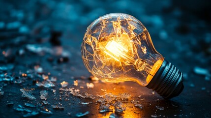 Poster - A close-up of a broken light bulb with shattered glass and a dimly lit filament, highlighting the fragility and the remnants of its light-emitting function.