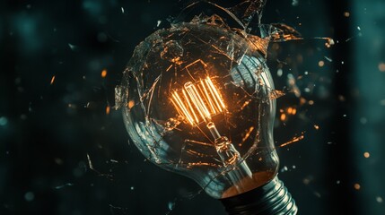 Poster - A close-up of a broken light bulb with shattered glass and a dimly lit filament, highlighting the fragility and the remnants of its light-emitting function.