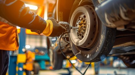 Mechanic Inspecting Brake Assembly with Diagnostic Tool in Modern Auto Repair Garage