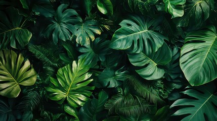 Wall Mural - A close-up view of a lush green tropical foliage, featuring various textures and patterns of leaves. The dark green tones create a moody and mysterious feel.