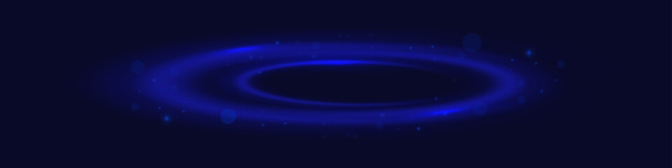 Poster - Rounded neon line with light effect. Energy flow tunnel. Blue portal, platform. Night road speed illustration.