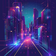 Poster - Vector illustration urban architecture, cityscape with space and neon light effect. Modern hi-tech, science, futuristic technology concept. Abstract digital high tech city design for banner background