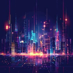Poster - Vector illustration urban architecture, cityscape with space and neon light effect. Modern hi-tech, science, futuristic technology concept. Abstract digital high tech city design for banner background