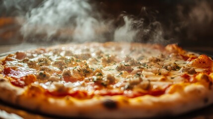 A close-up of a hot pizza fresh from the oven, with cheese bubbling and steam rising from the toppings, capturing the delicious and inviting appearance of the dish.