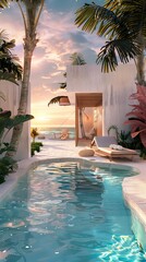 Luxury beachfront villa with private pool at sunset, modern architecture and palm trees by the ocean