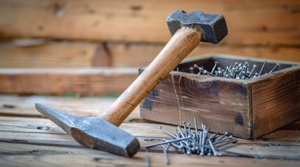 Poster - A heavy-duty hammer and a box of nails, fundamental tools for any carpentry project.