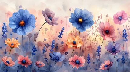 a beautiful watercolor pattern showcasing delicate wildflowers like daisies, cornflowers, and lavend