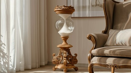 Sticker - A large decorative sand clock, with intricately carved bases and a graceful flow of white sand, adding elegance to any room.