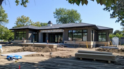 Sticker - A modern ranch home under construction, featuring single-level living with a spacious open layout and outdoor entertaining areas.