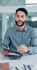 Poster - Handshake, documents and business man in office for contract, agreement and partnership. Corporate, insurance company and person with team shaking hands for networking, collaboration and thank you
