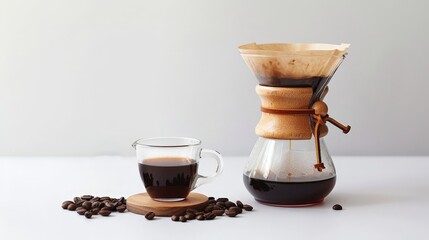 Wall Mural - A pour-over coffee setup with a dripper and glass carafe on a white background.