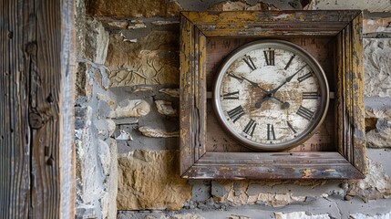 Poster - A rustic farm clock with a faded dial and wooden frame, capturing the essence of rural life and simplicity.