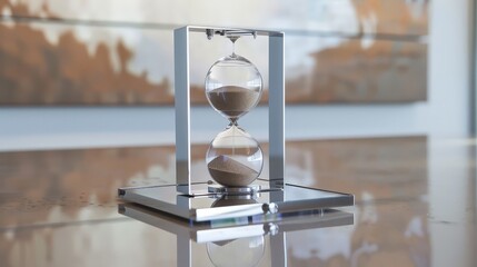 Poster - A sand clock with a mirrored base, reflecting the sand as it falls and creating an illusion of infinite time.