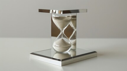 Poster - A sand clock with a mirrored base, reflecting the sand as it falls and creating an illusion of infinite time.