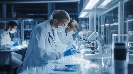Poster - lab technicians conduct experiments with microscopes and samples during a research session at a scie