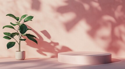 Poster - a minimalist setup featuring a green plant beside a circular pedestal on a pastel pink background, i